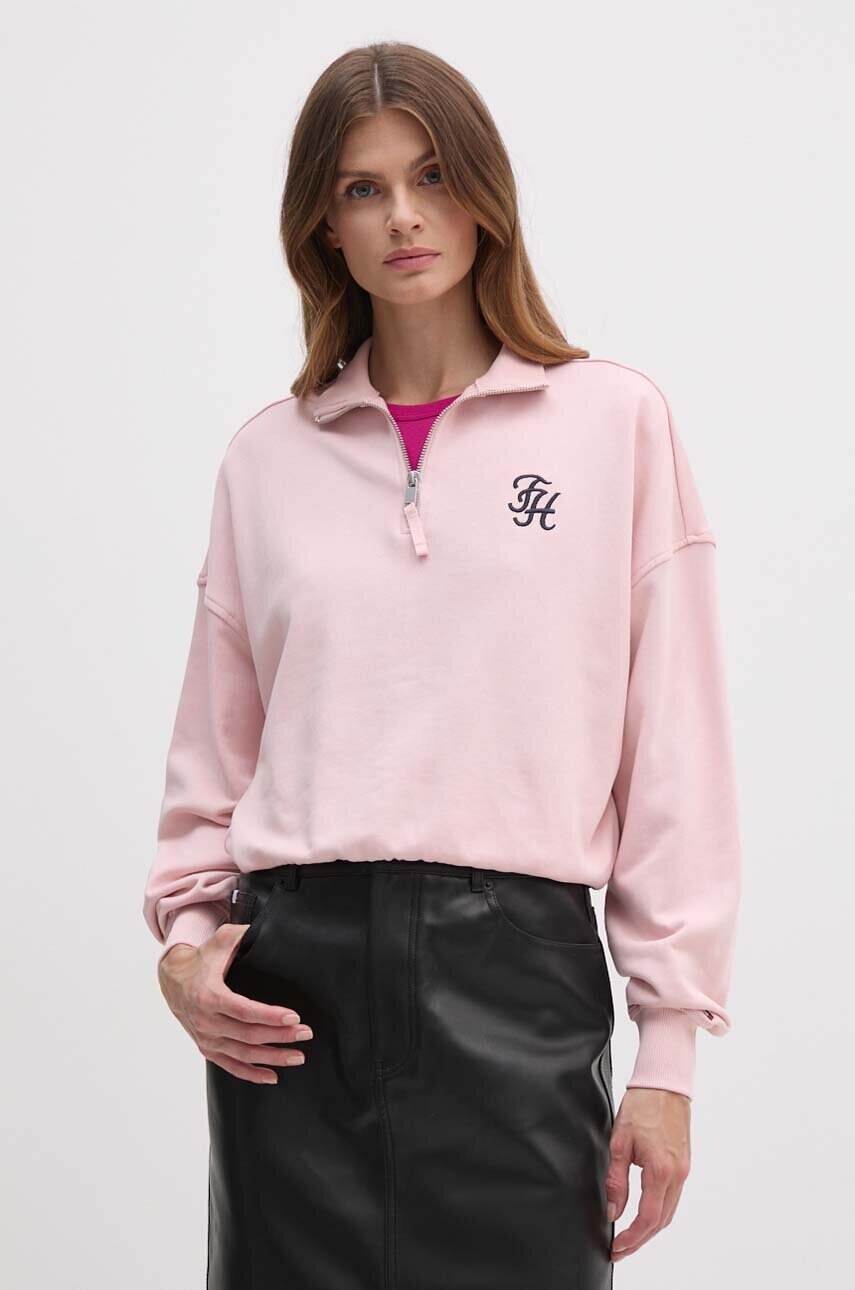 Levně Bavlněná mikina Tommy Hilfiger dámská, růžová barva, s aplikací, WW0WW43337