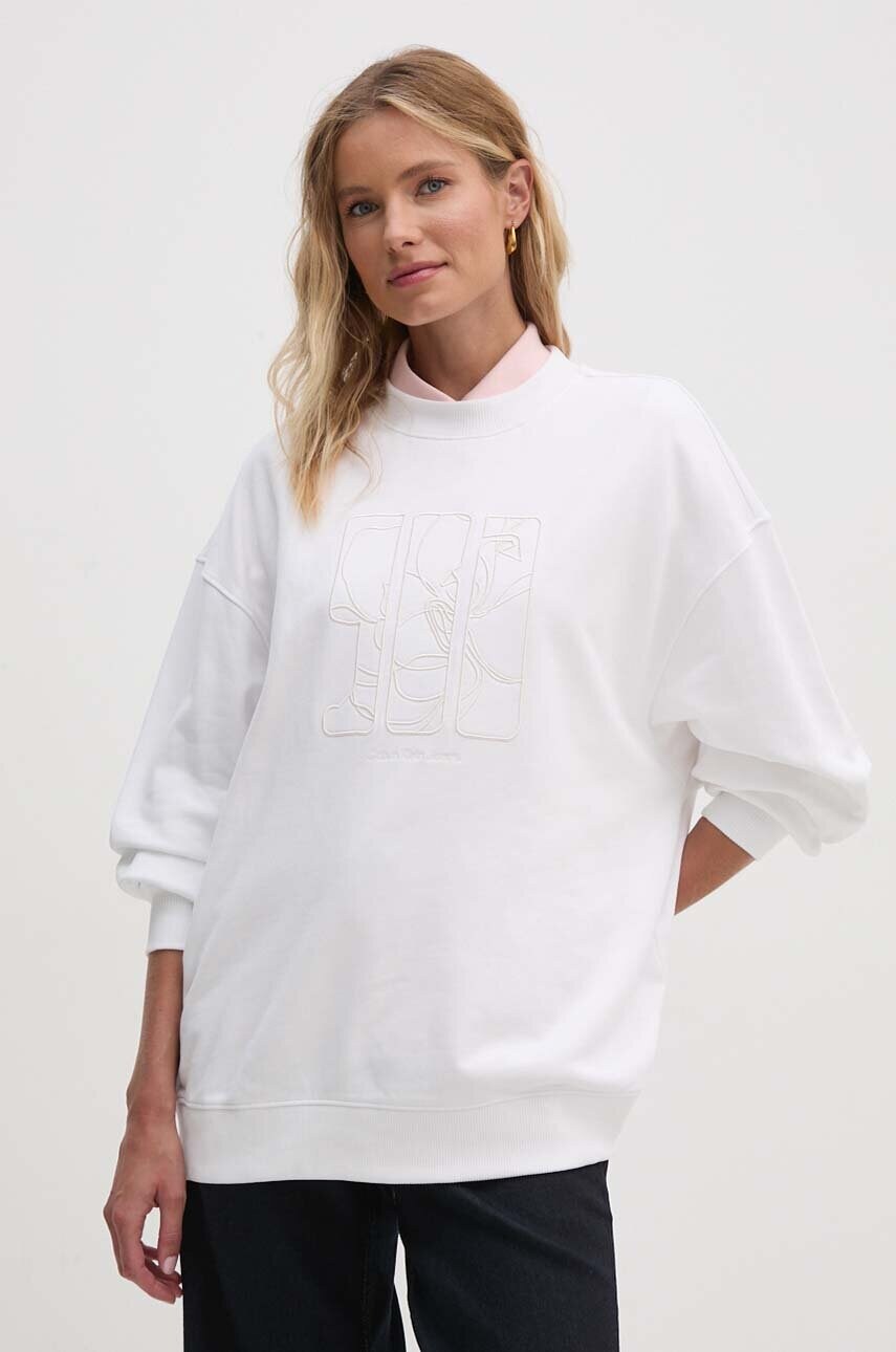 Levně Bavlněná mikina Calvin Klein Jeans dámská, bílá barva, s aplikací, J20J223540