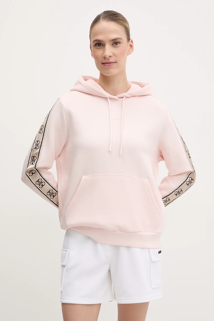 Levně Mikina Guess CARLA dámská, růžová barva, s kapucí, s aplikací, V4YQ11 KB3P2