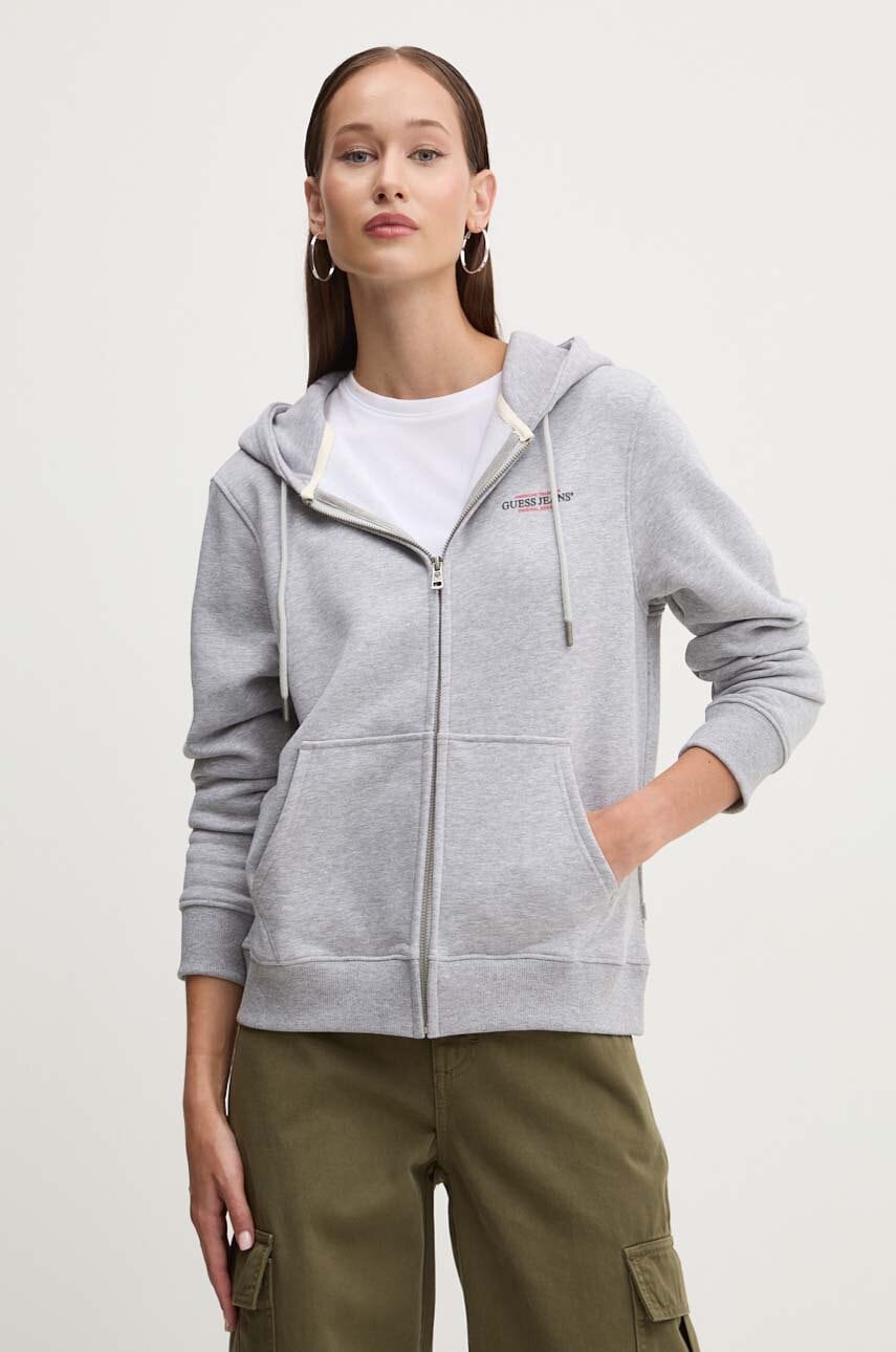 Levně Mikina Guess Jeans dámská, šedá barva, s kapucí, s potiskem, W4YQ13 KC811