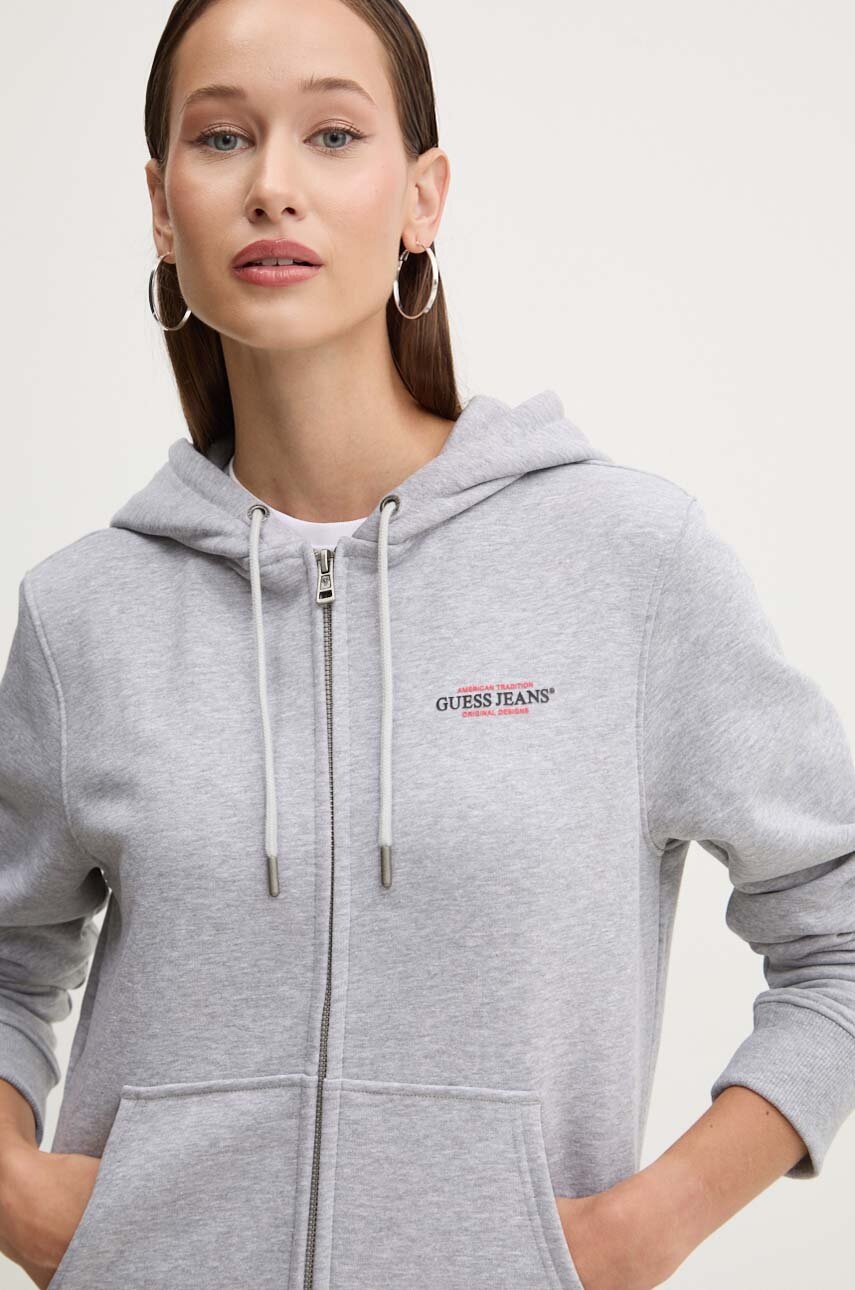 Кофта Guess Jeans жіноча колір сірий з капюшоном з принтом W4YQ13 KC811 