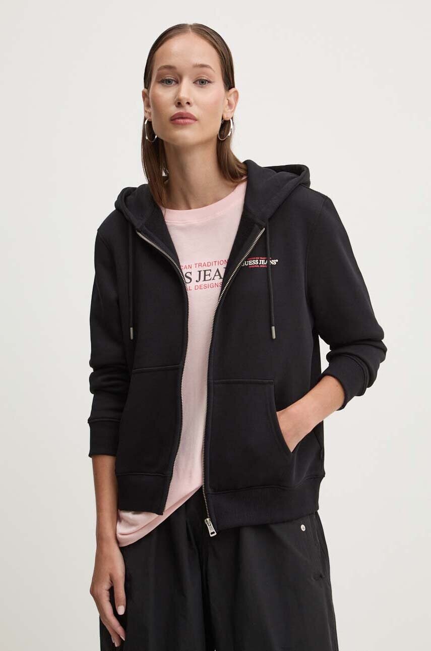 Levně Mikina Guess Jeans dámská, černá barva, s kapucí, s potiskem, W4YQ13 KC811