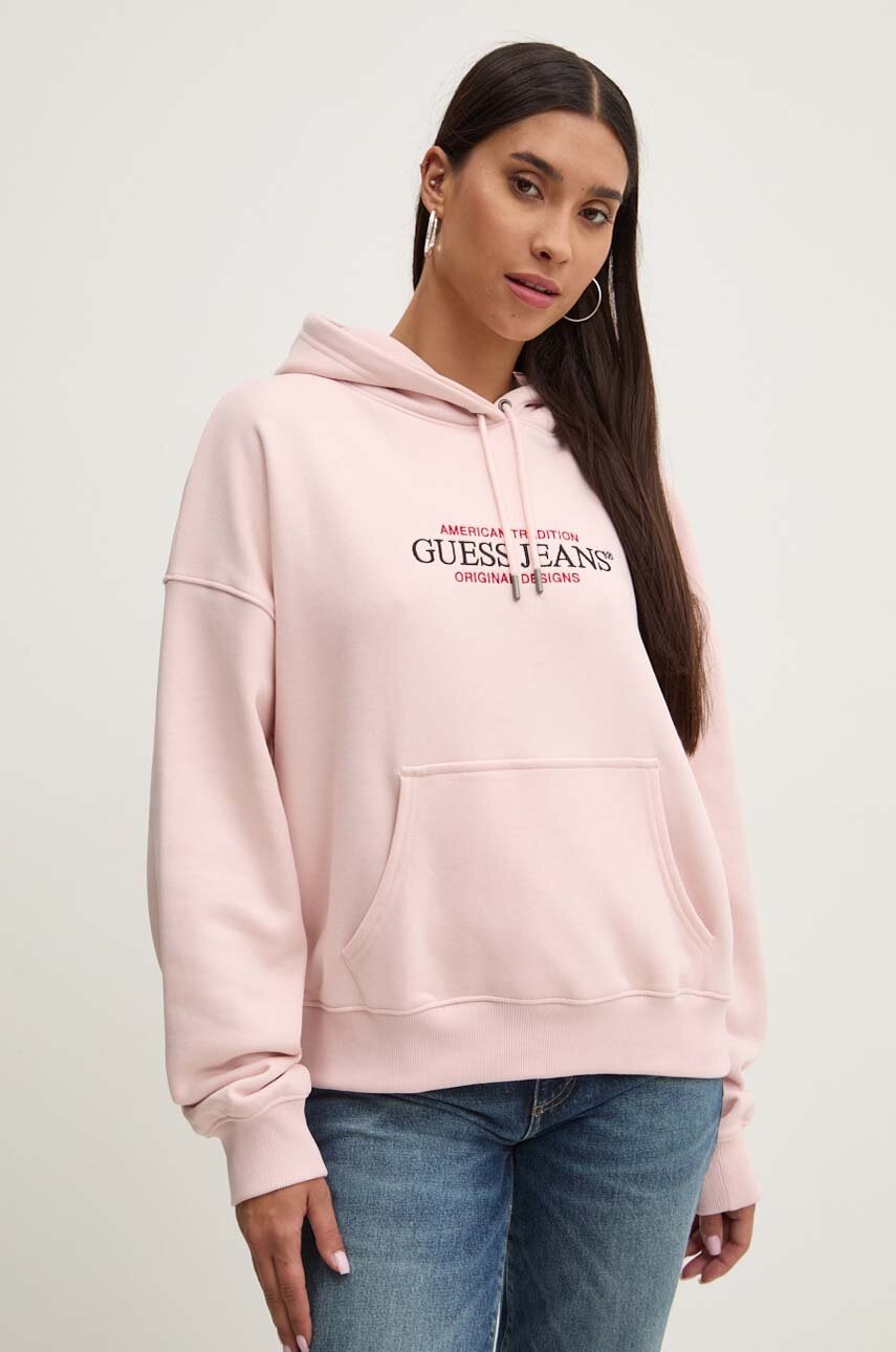 

Суичър Guess Jeans в розово с качулка с апликация W4YQ15 KC811, Розов