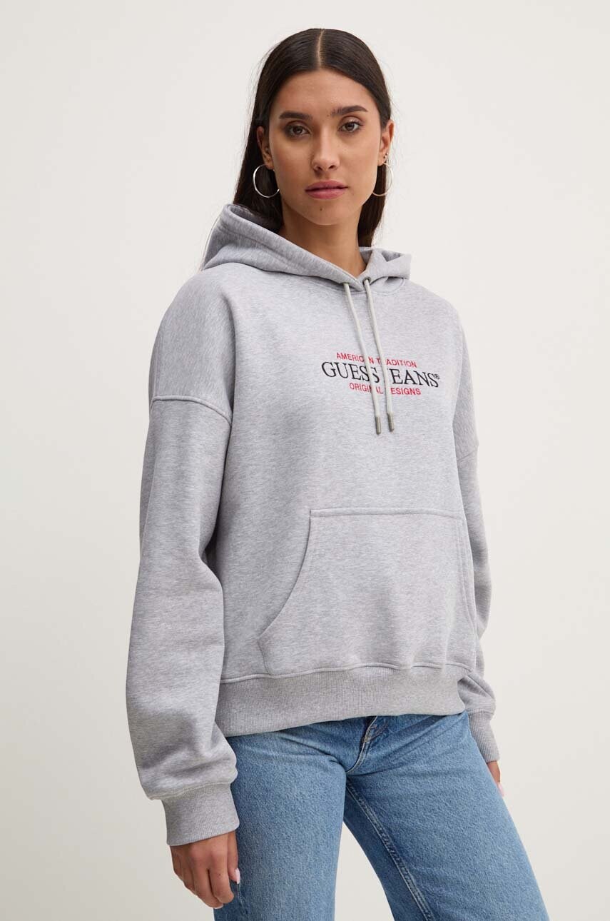 Levně Mikina Guess Jeans dámská, šedá barva, s kapucí, s aplikací, W4YQ15 KC811