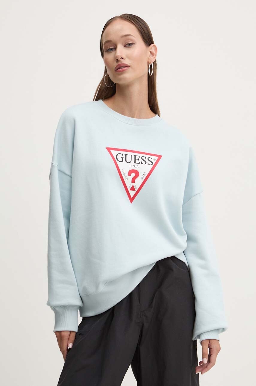 Levně Mikina Guess Jeans dámská, modrá barva, s potiskem, W4YQ00 KC811