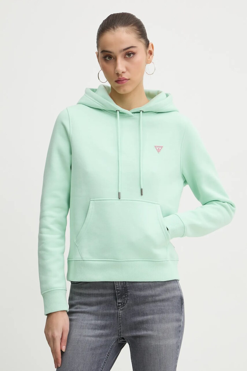 Levně Mikina Guess Jeans dámská, tmavomodrá barva, s kapucí, hladká, W4YQ04 KC811