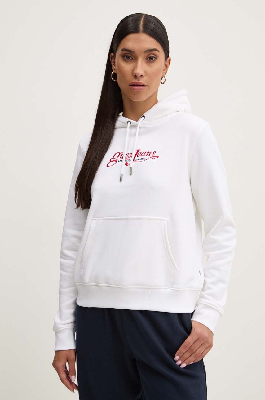 Levně Mikina Guess Jeans dámská, bílá barva, s kapucí, s aplikací, W4YQ12 KC811