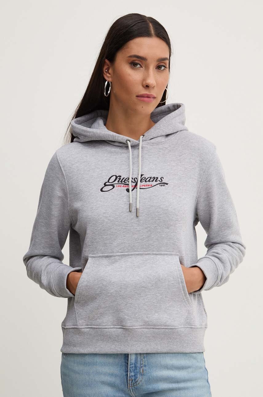 

Суичър Guess Jeans в сиво с качулка с апликация W4YQ12 KC811, Сив