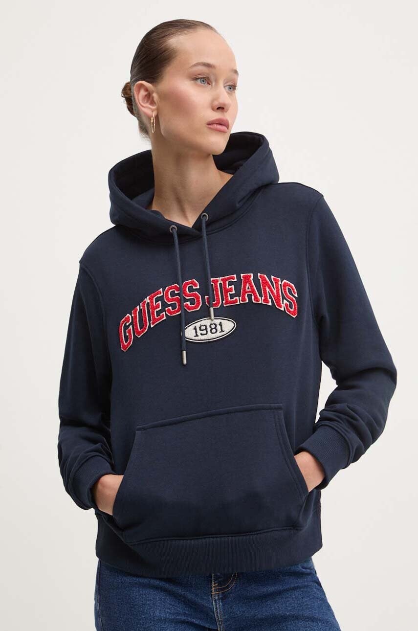 Levně Mikina Guess Jeans dámská, tmavomodrá barva, s kapucí, s aplikací, W4YQ09 KC811