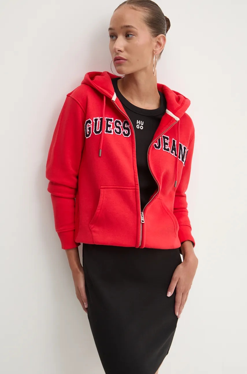 

Суичър Guess Jeans в червено с качулка с апликация W4YQ14 KC811, Червен