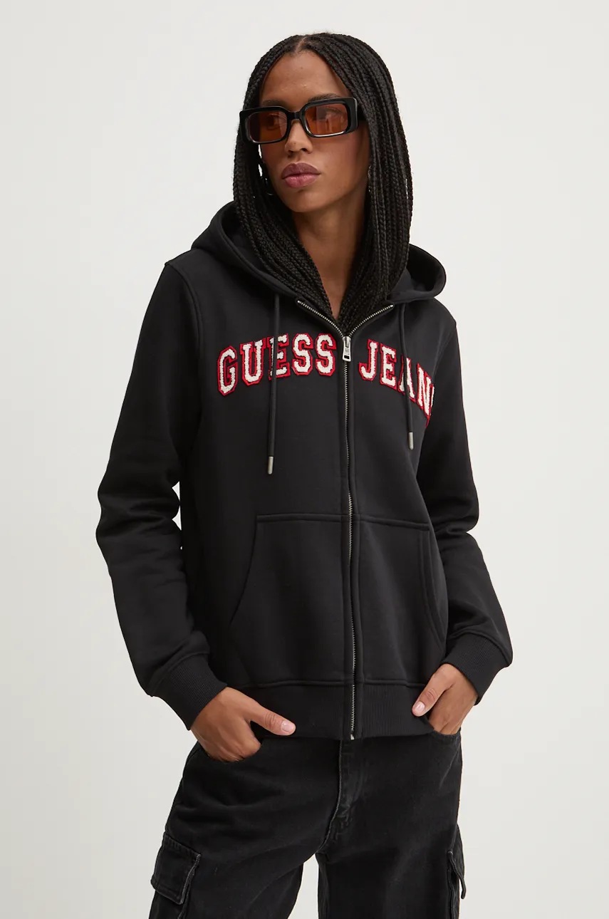 

Суичър Guess Jeans в черно с качулка с апликация W4YQ14 KC811, Черен