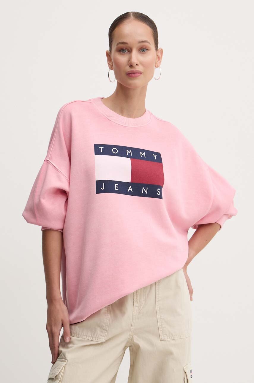 

Памучен суичър Tommy Jeans в розово с принт DW0DW18623, Розов
