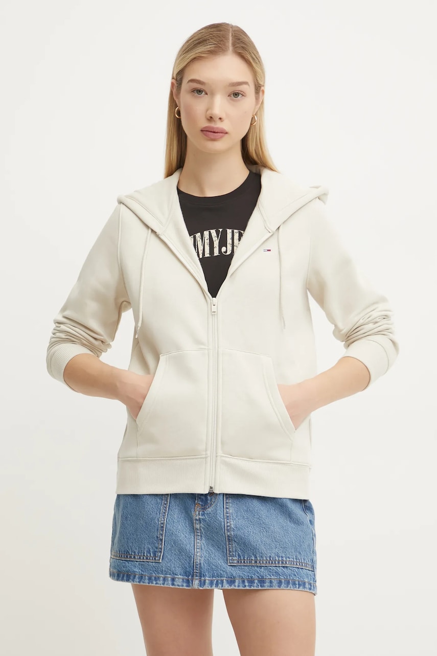 Tommy Jeans bluza femei, culoarea bej, cu glugă, neted, DW0DW19729 Tommy Jeans bluza femei, culoarea bej, cu glugă, neted, DW0DW19729