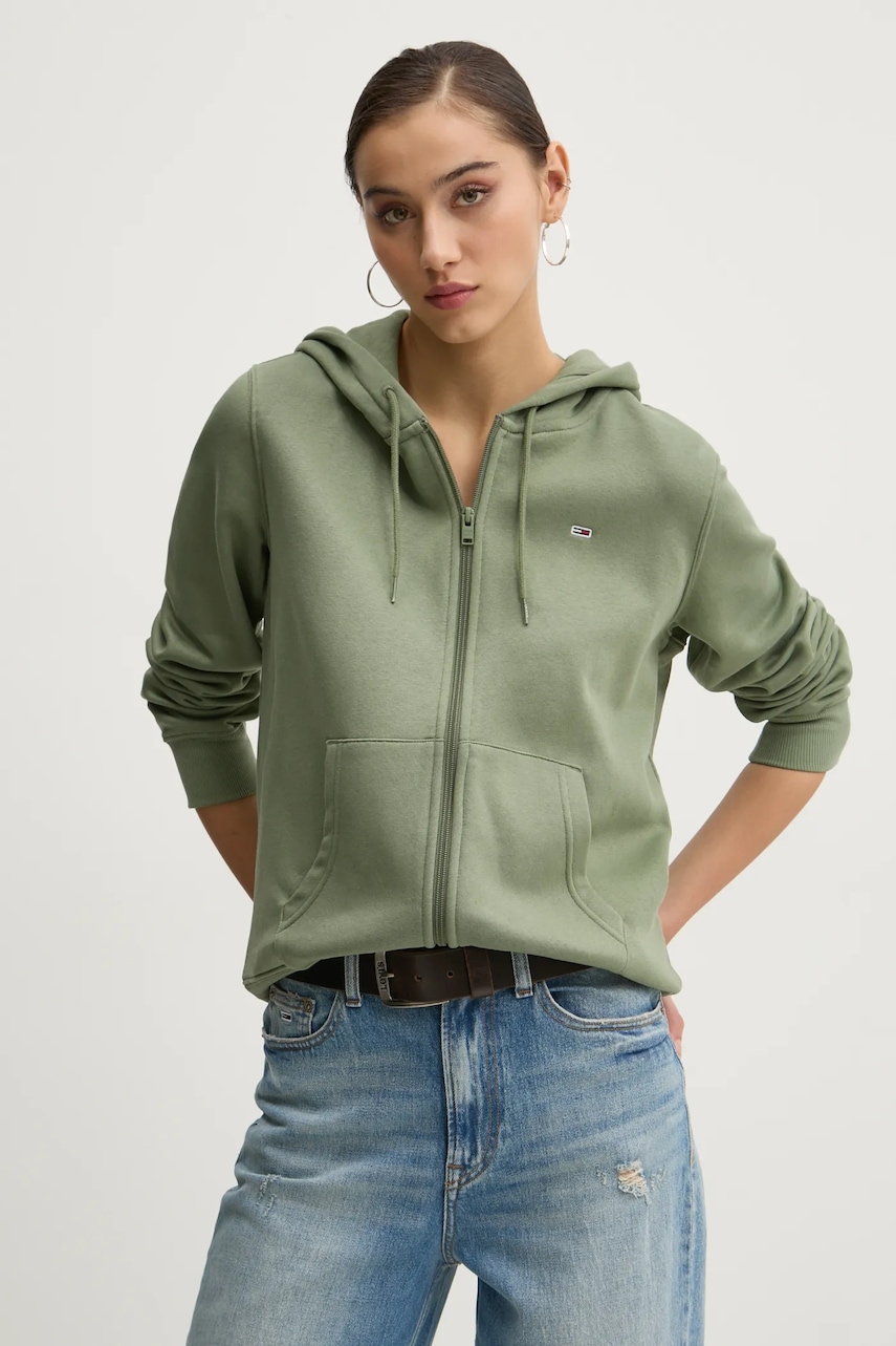 Tommy Jeans bluza femei, culoarea verde, cu glugă, neted, DW0DW19729