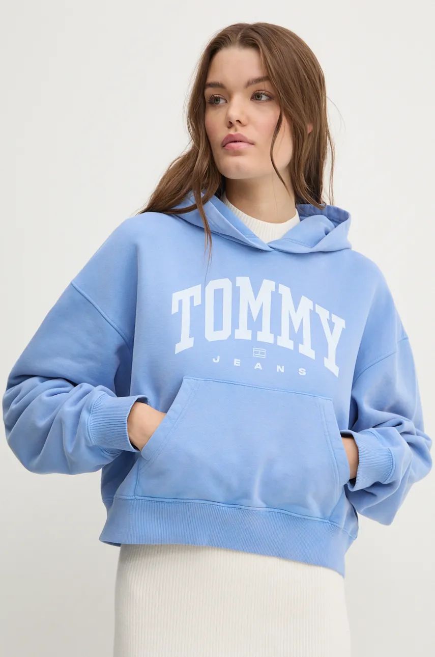 Pamučna dukserica Tommy Jeans za žene, s kapuljačom, s tiskom, DW0DW19291