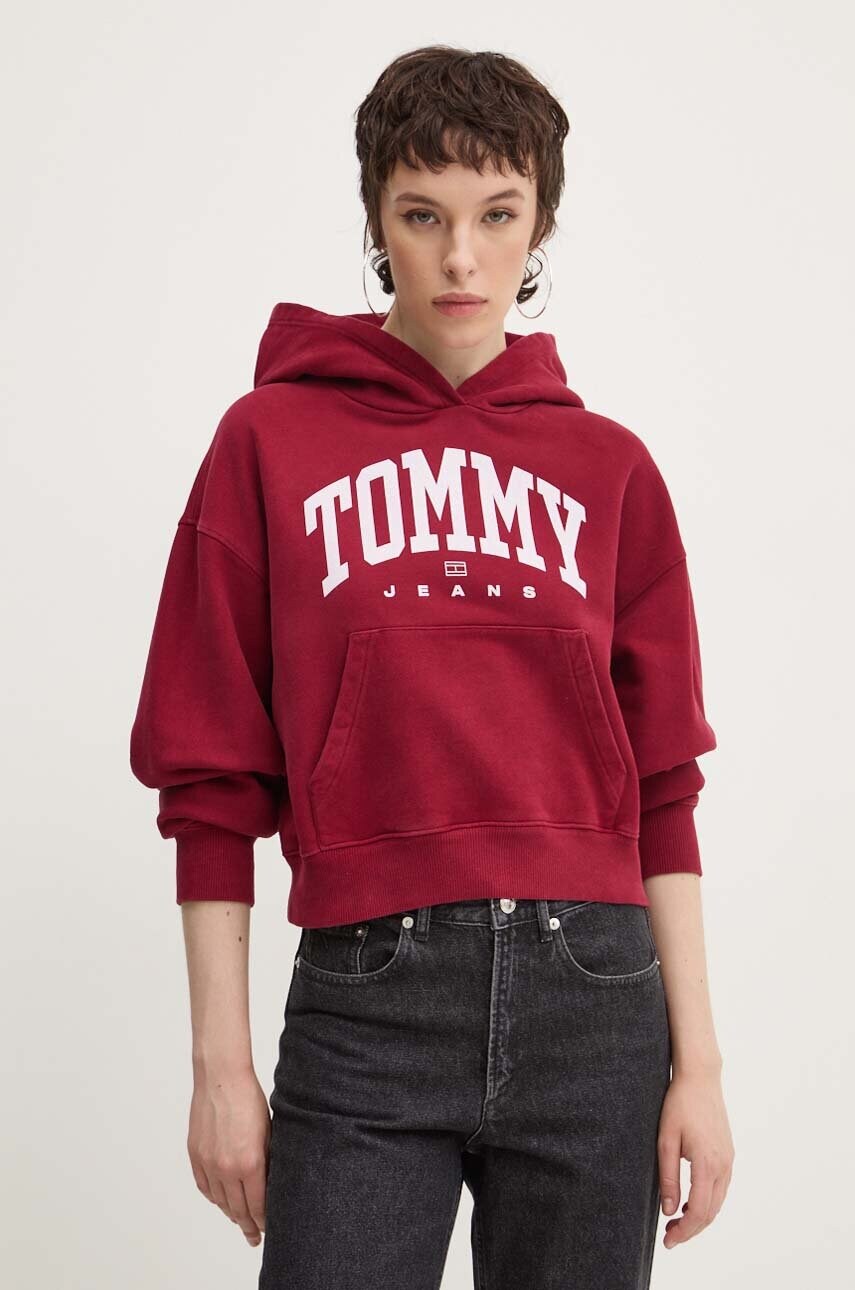 Levně Bavlněná mikina Tommy Jeans dámská, vínová barva, s kapucí, s potiskem, DW0DW19291