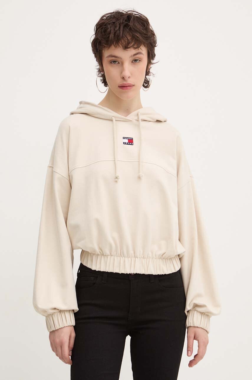 Tommy Jeans bluza femei, culoarea bej, cu glugă, neted, DW0DW18668
