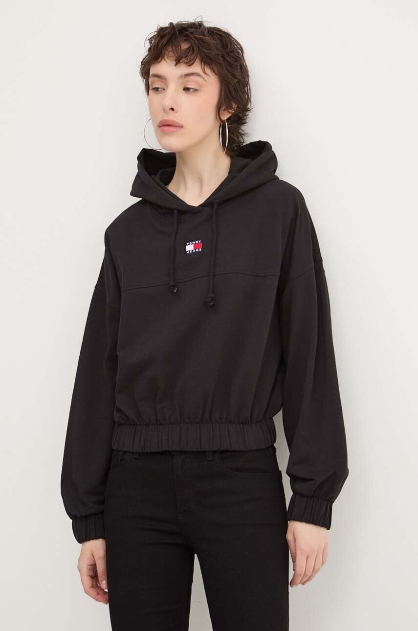 Tommy Jeans bluza femei, culoarea negru, cu glugă, neted, DW0DW18668