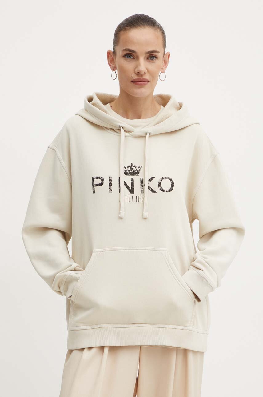

Памучен суичър Pinko в бежово с качулка с принт 104388 A27V, Бежов