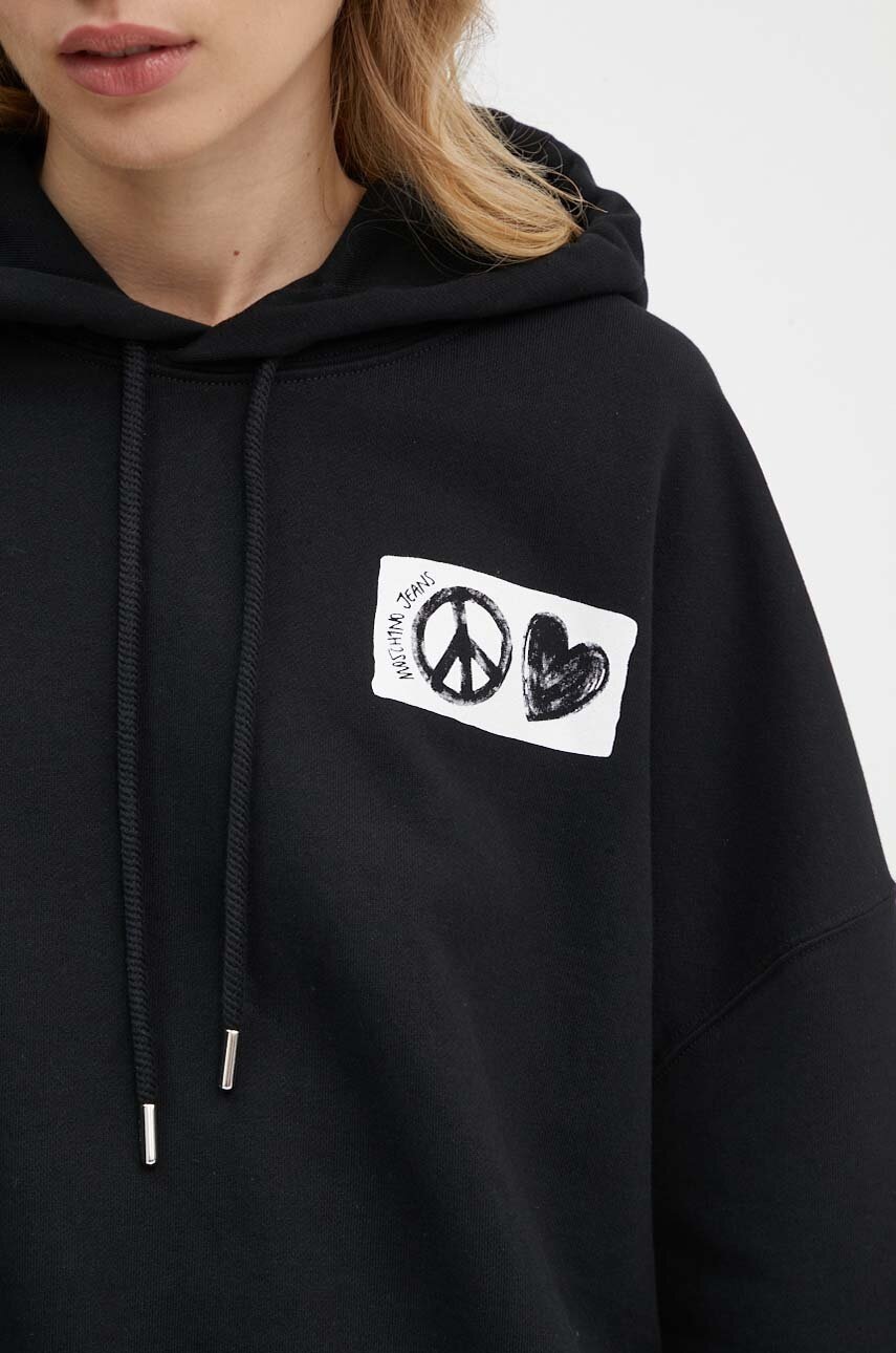 Бавовняна кофта Moschino Jeans жіноча колір чорний з капюшоном з принтом 1705.8233 