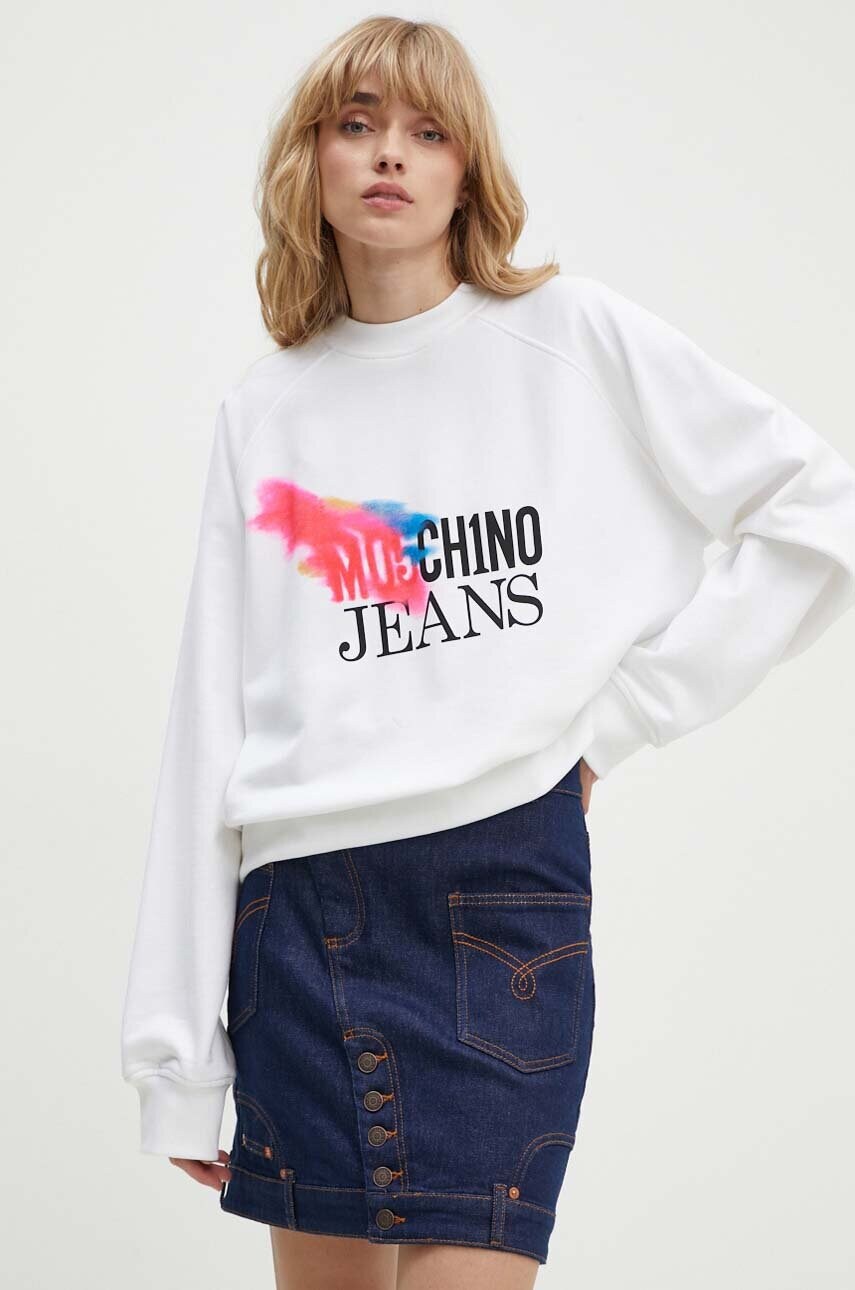 Moschino Jeans hanorac de bumbac femei, culoarea alb, cu imprimeu, 1709.8233 Moschino Jeans hanorac de bumbac femei, culoarea alb, cu imprimeu, 1709.8233