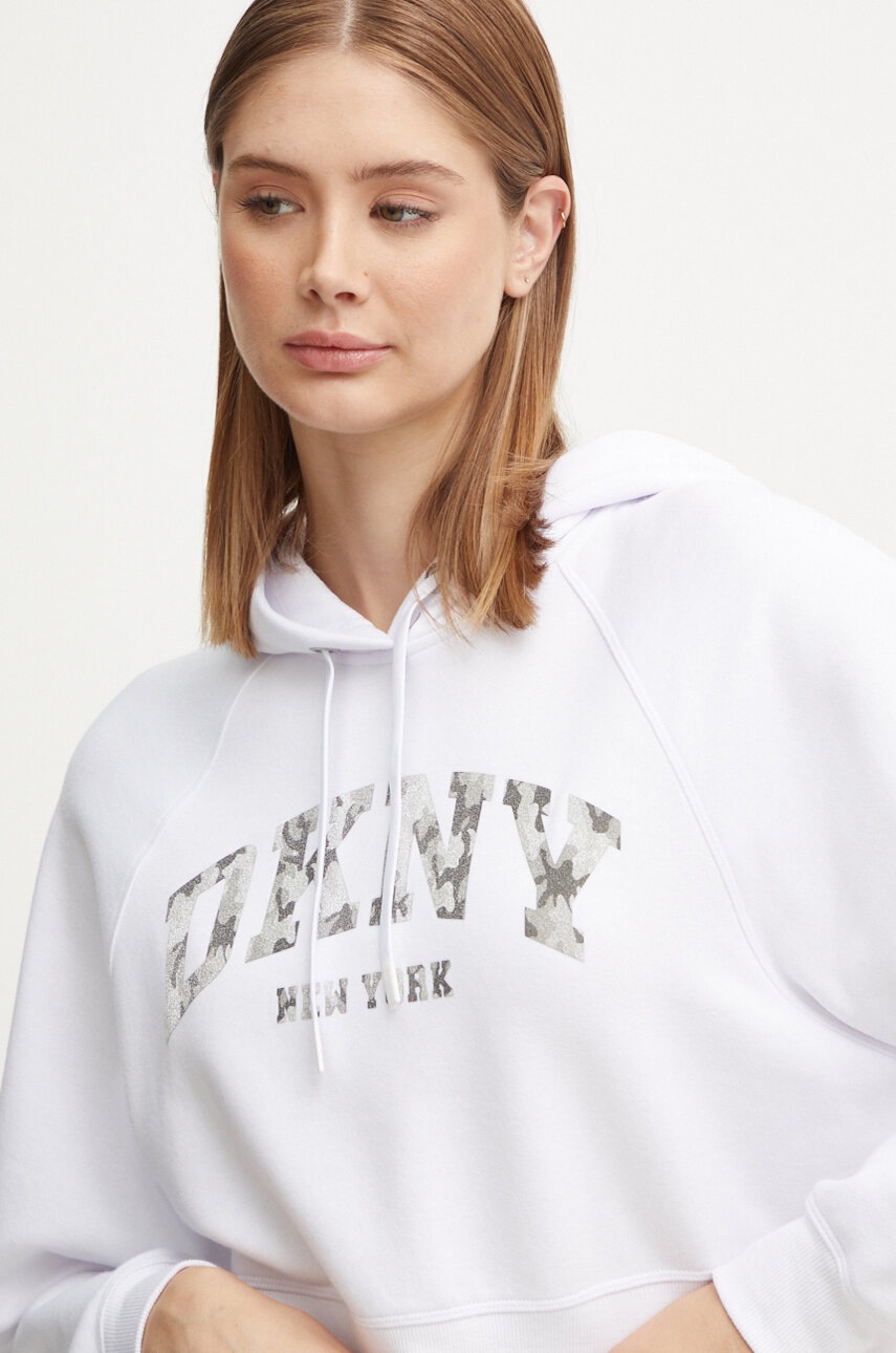 Dkny bluza femei, culoarea alb, cu glugă, cu imprimeu, DP4T9938