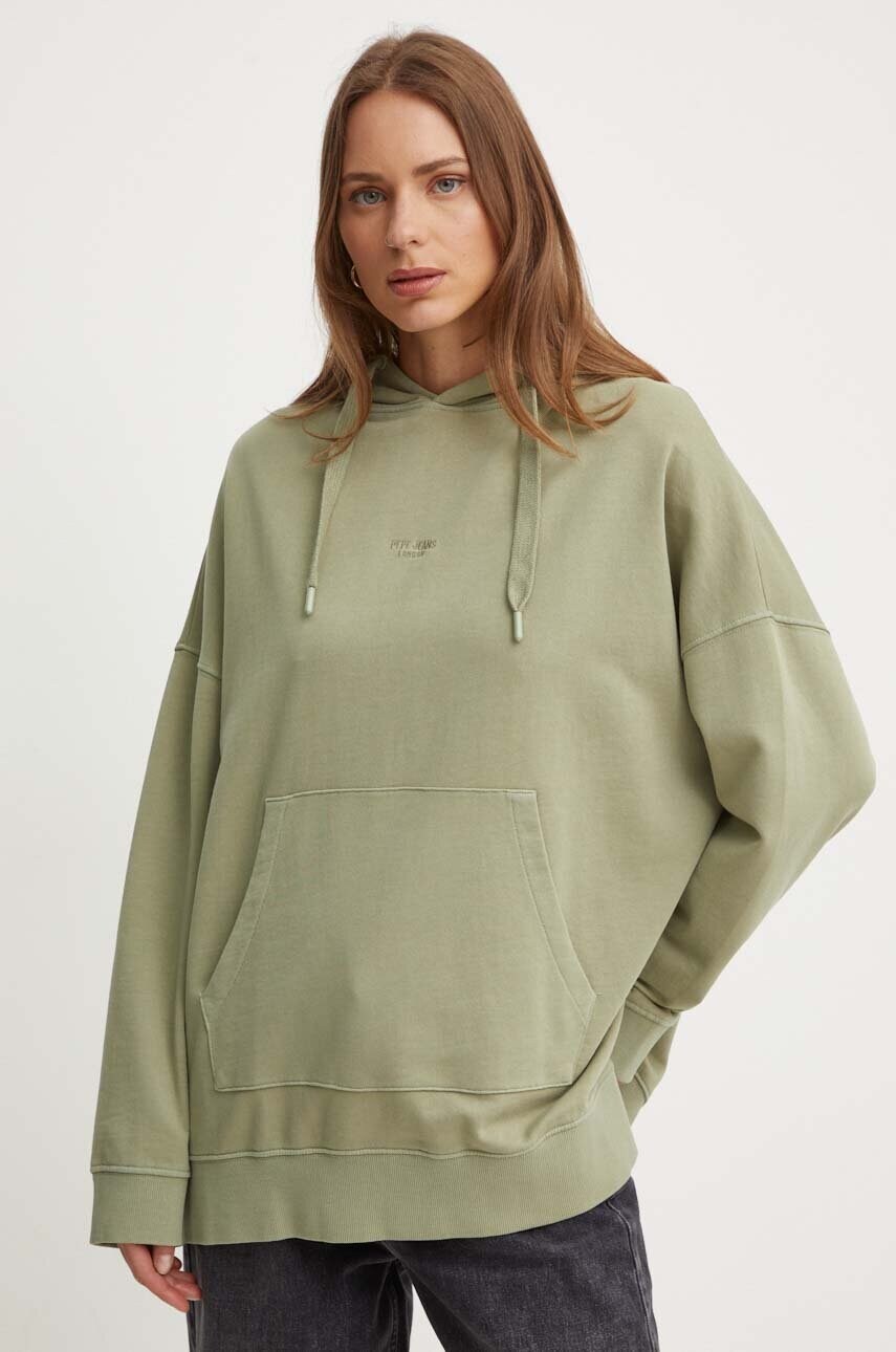 Levně Mikina Pepe Jeans EVELINA dámská, zelená barva, s kapucí, hladká, PL581447