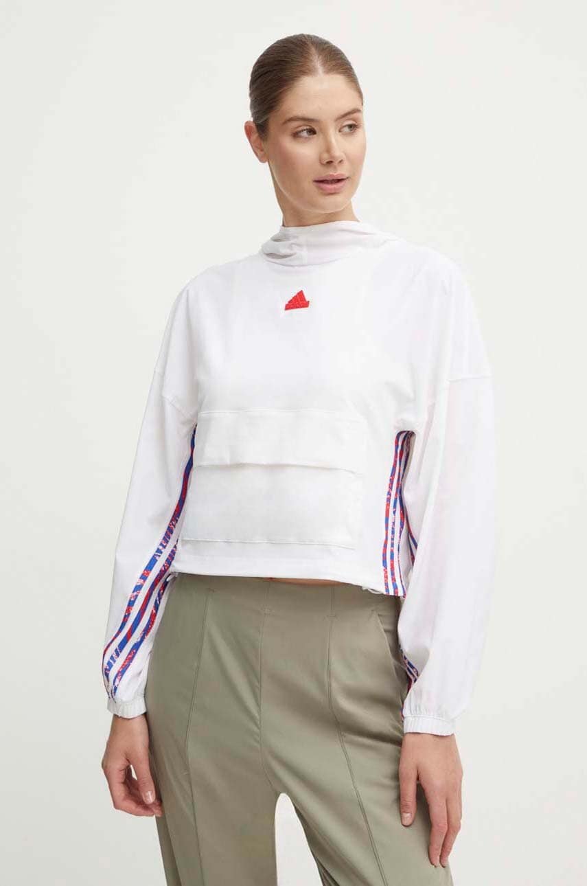 adidas bluza Express femei, culoarea bej, cu glugă, cu imprimeu, IW8634