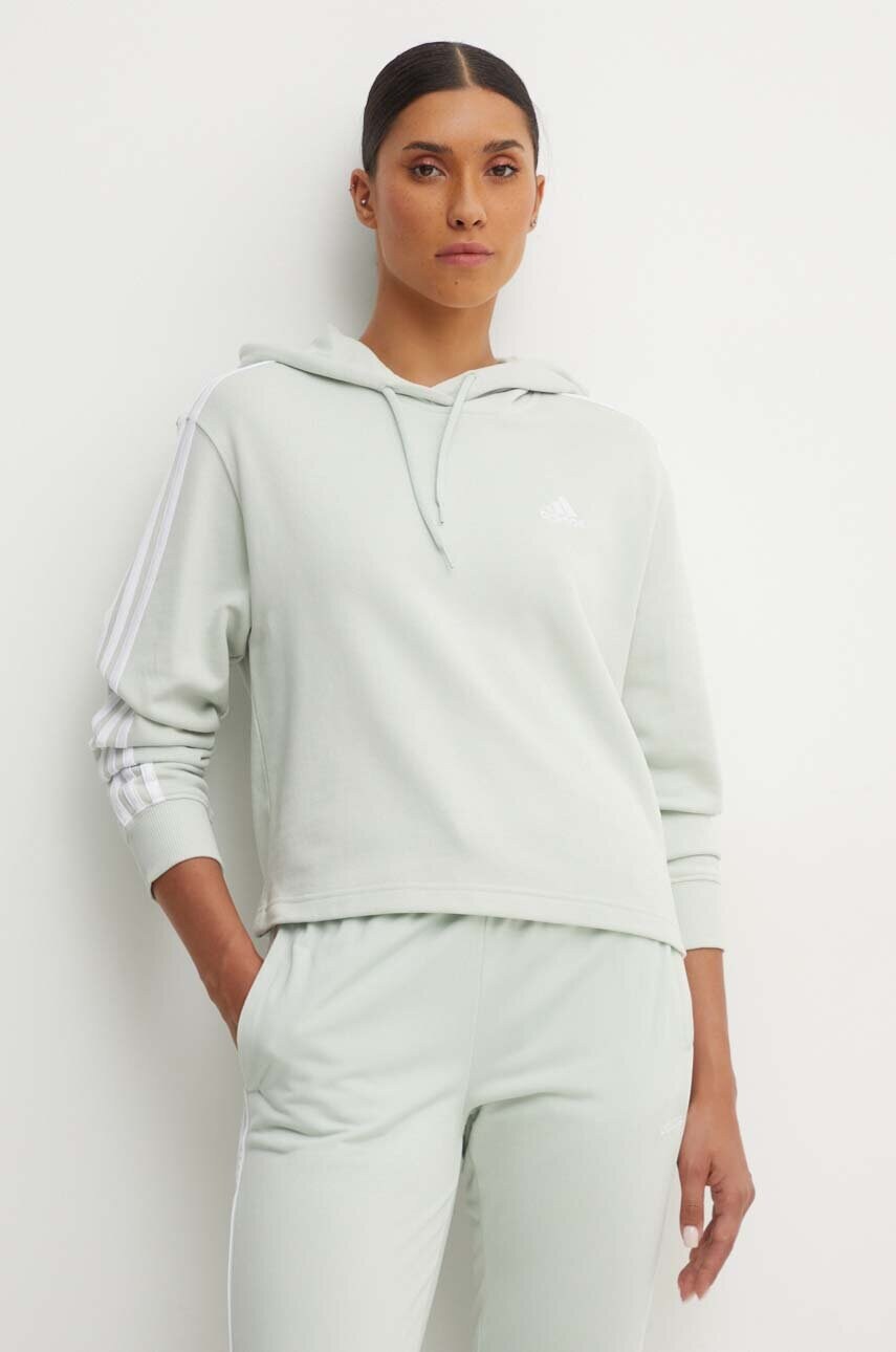 adidas hanorac de bumbac Essentials femei, culoarea verde, cu glugă, cu imprimeu, IY4215