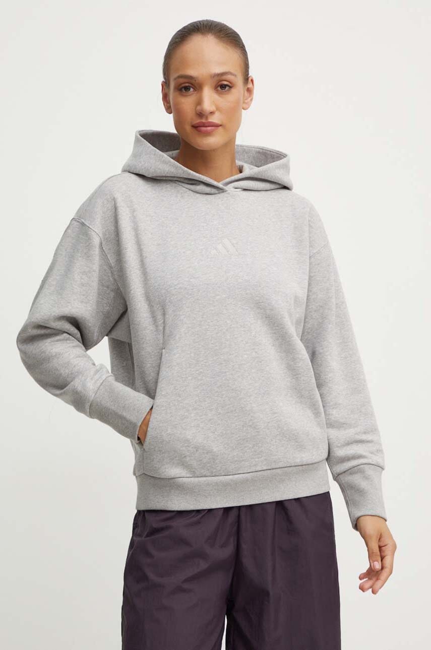 adidas bluză ALL SZN femei, culoarea gri, cu glugă, cu imprimeu, IY6760