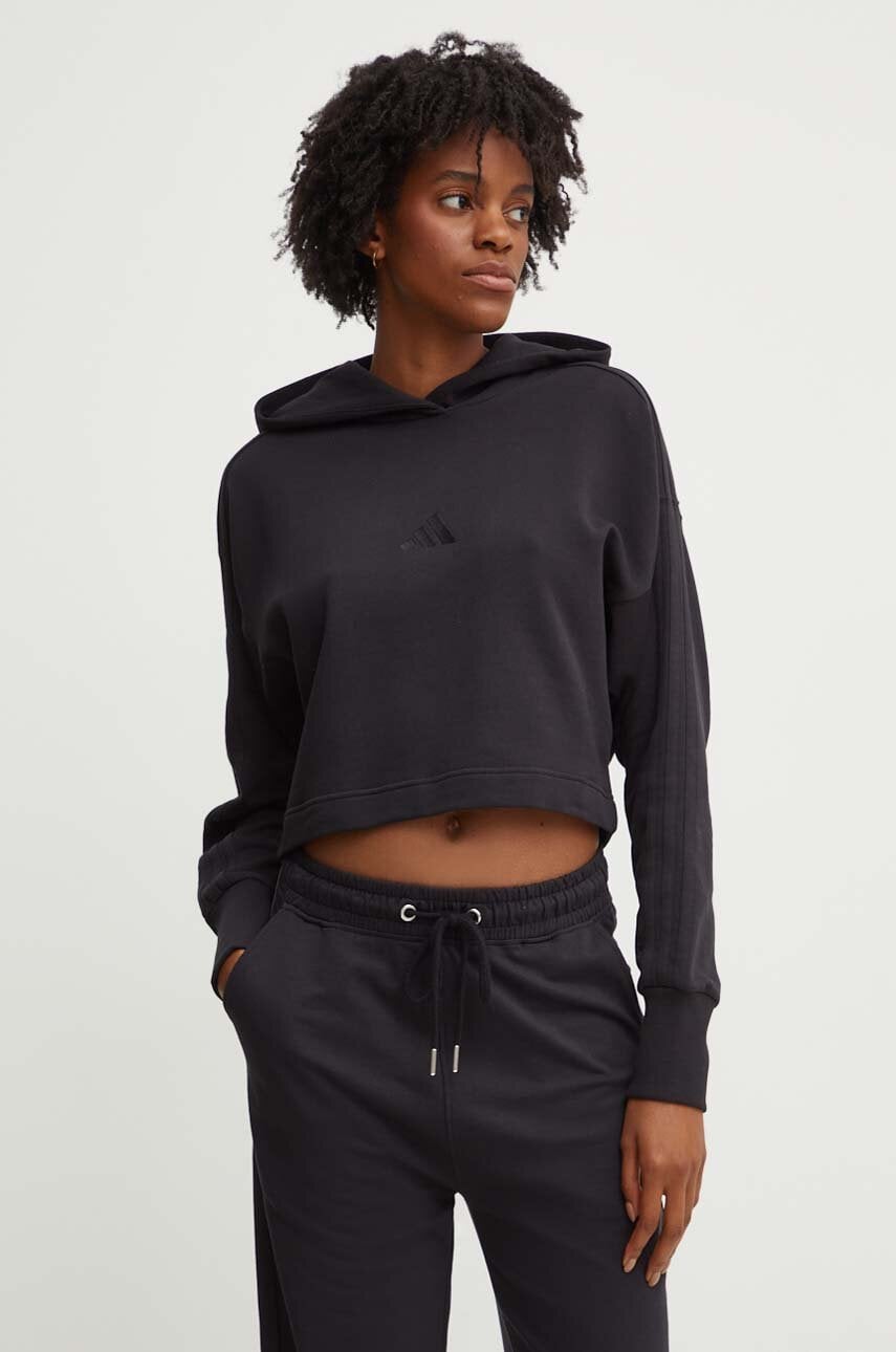 adidas hanorac de bumbac All SZN femei, culoarea negru, cu glugă, neted, JI9104
