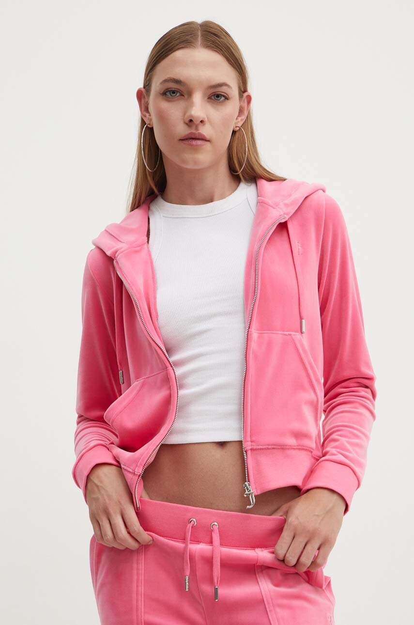 

Кадифен суичър Juicy Couture в розово с качулка с изчистен дизайн JCAP176, Розов