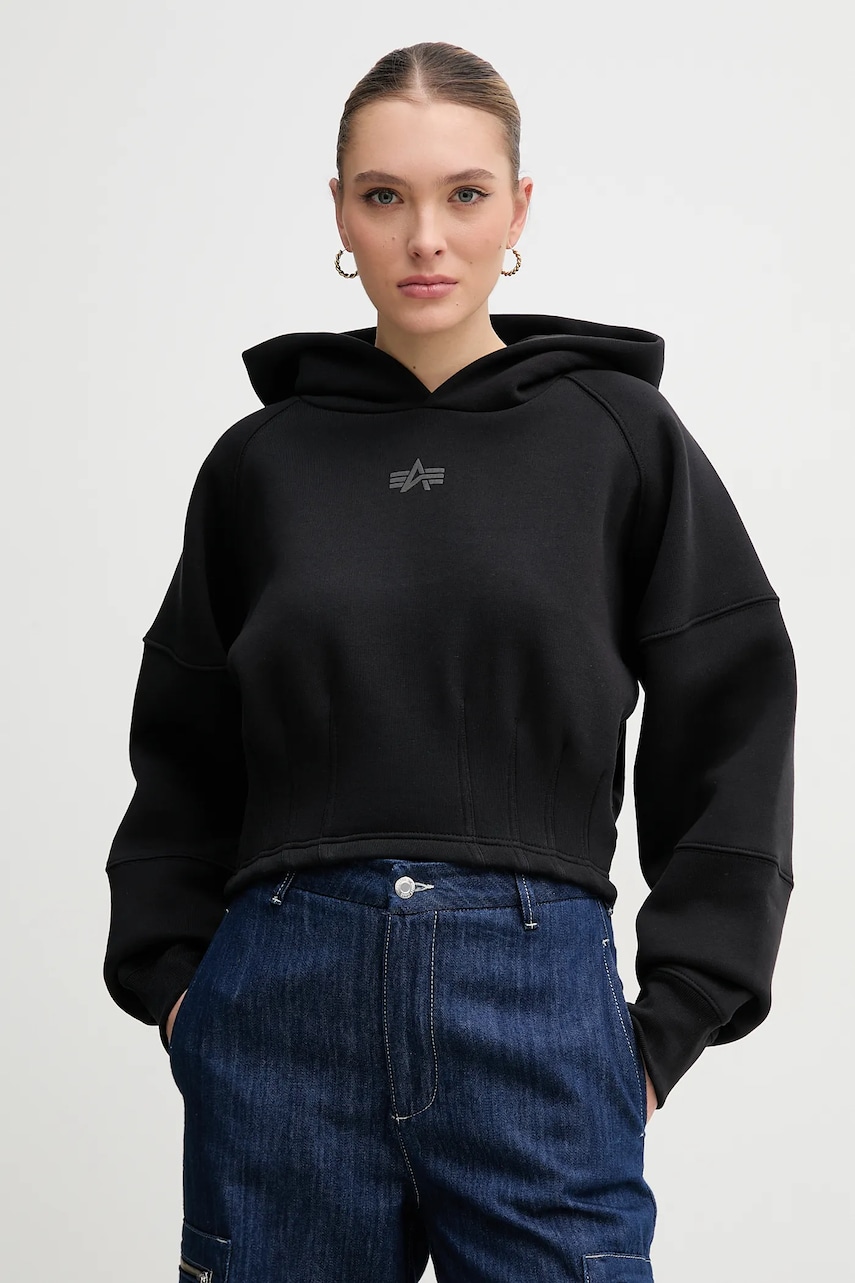 Alpha Industries bluza femei, culoarea negru, cu glugă, cu imprimeu, 148041 Alpha Industries bluza femei, culoarea negru, cu glugă, cu imprimeu, 148041