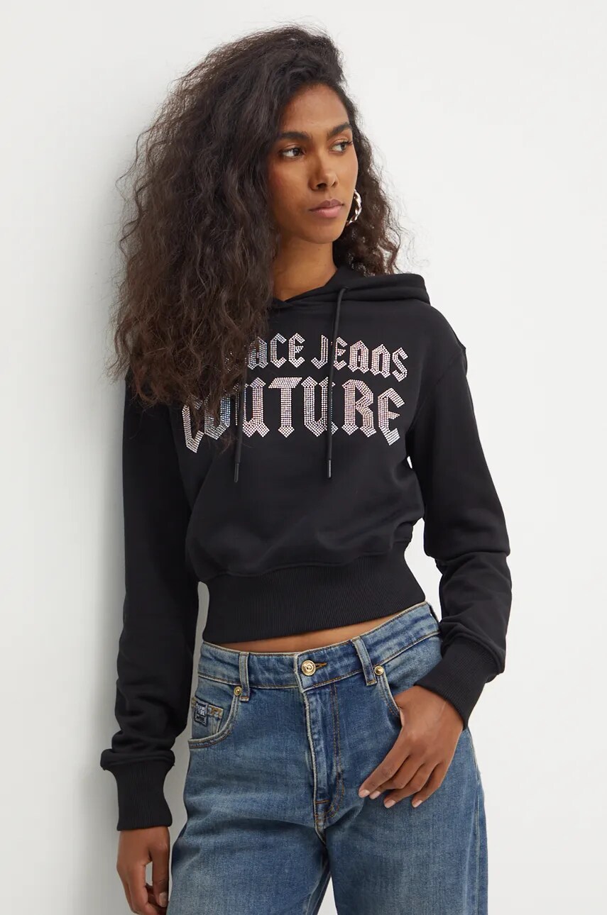 Versace Jeans Couture hanorac de bumbac femei, culoarea negru, cu gluga, cu imprimeu, 77HAIL00 CF00L