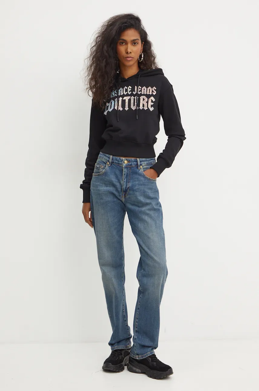Хлопковая кофта Versace Jeans Couture женская цвет чёрный с капюшоном с аппликацией 77HAIL00 CF00L Хлопковая кофта Versace Jeans Couture женская цвет чёрный с капюшоном с аппликацией 77HAIL00 CF00L