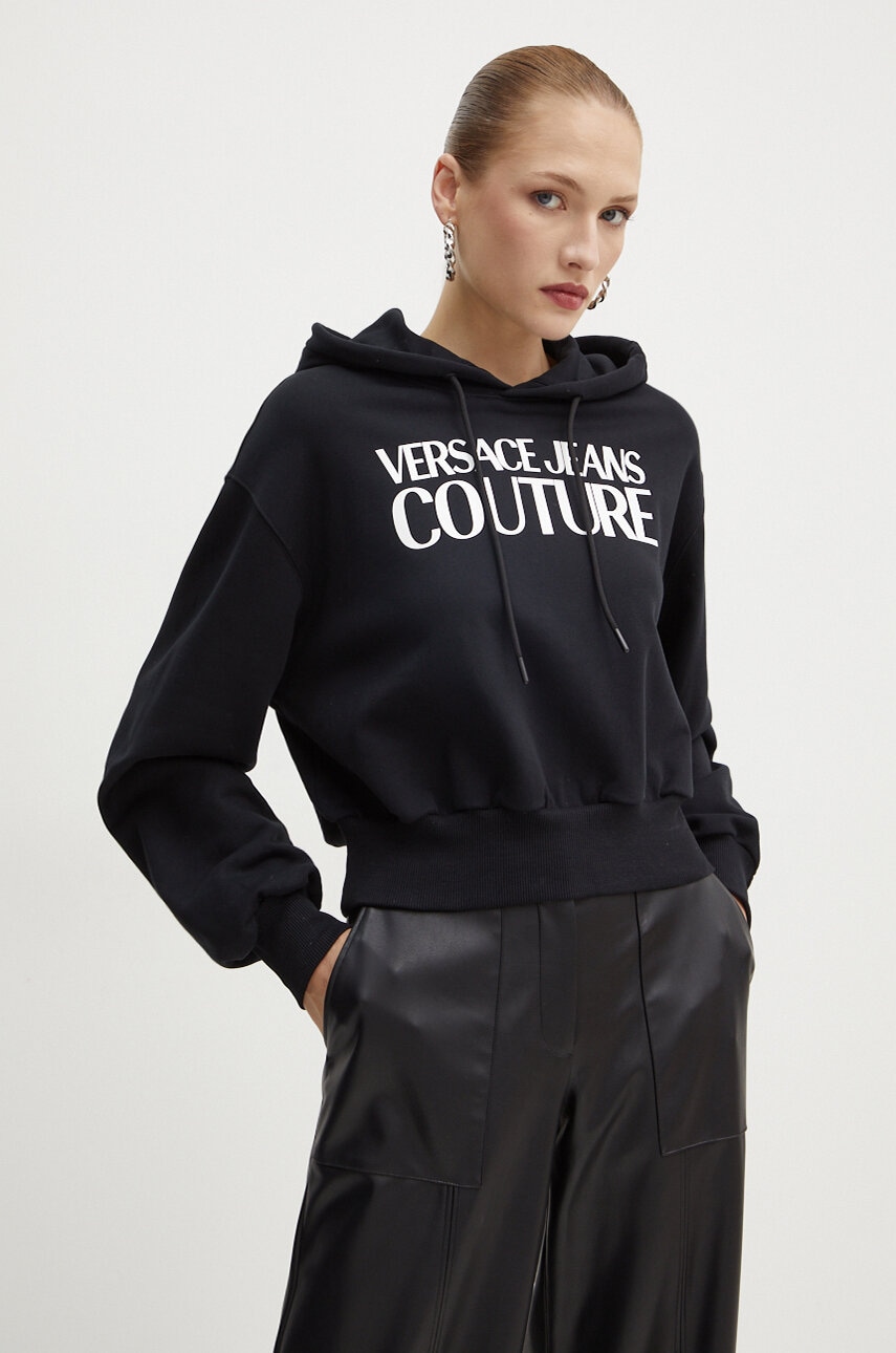 Versace Jeans Couture hanorac de bumbac femei, culoarea negru, cu glugă, cu imprimeu, 77HAIE08 CF00E Versace Jeans Couture hanorac de bumbac femei, culoarea negru, cu glugă, cu imprimeu, 77HAIE08 CF00E