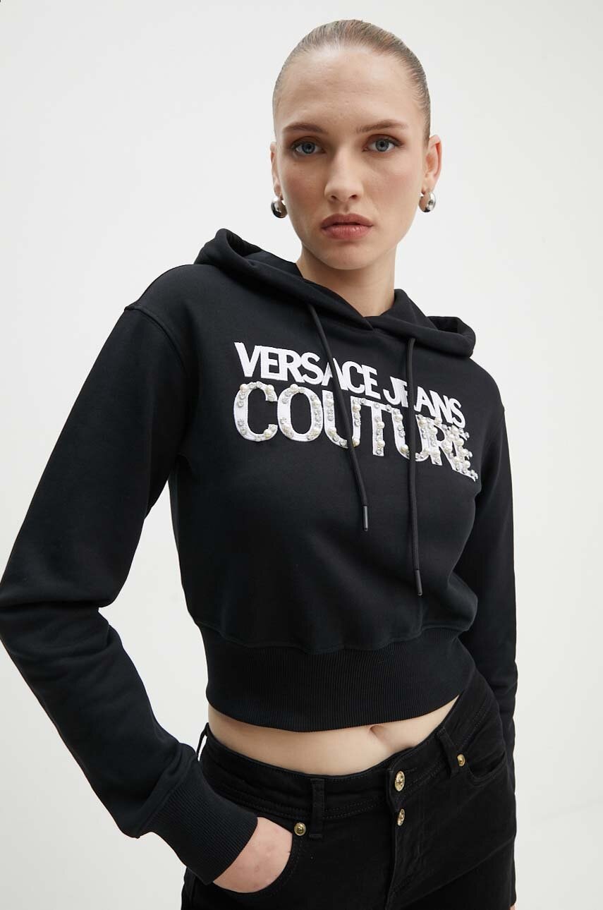 Versace Jeans Couture hanorac de bumbac femei, culoarea negru, cu glugă, cu imprimeu, 77HAIE07 CF00E Versace Jeans Couture hanorac de bumbac femei, culoarea negru, cu glugă, cu imprimeu, 77HAIE07 CF00E