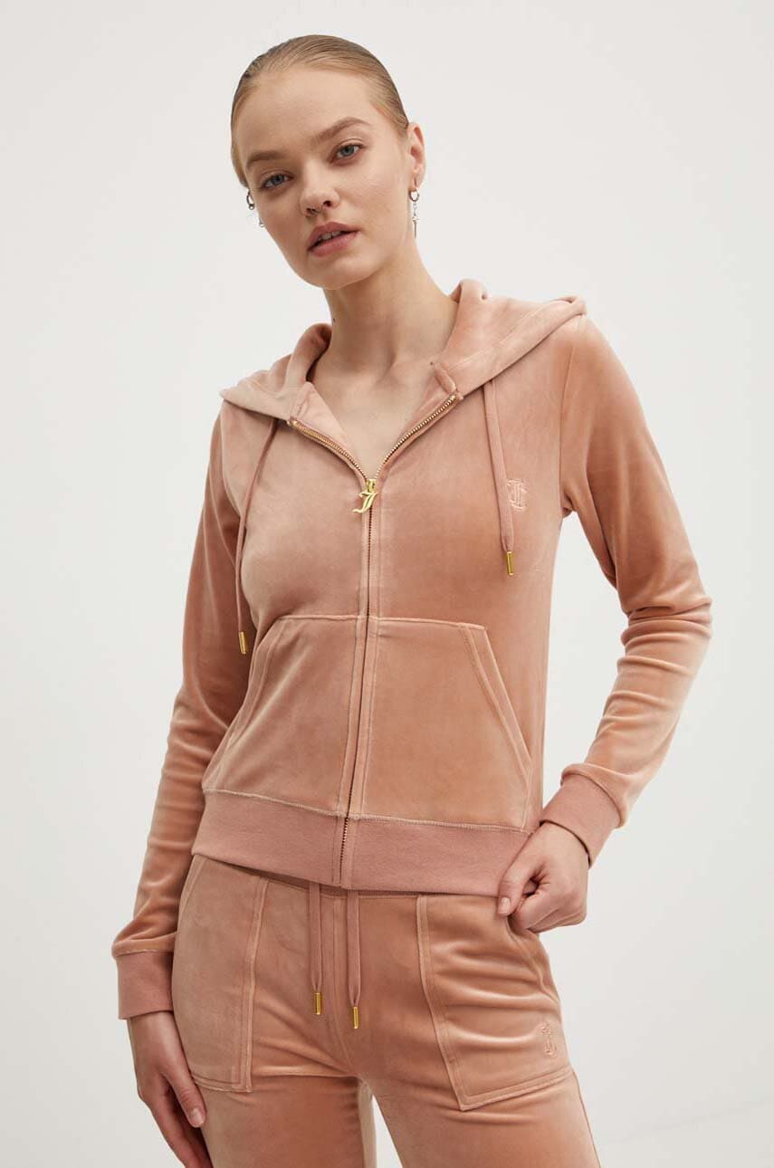 Juicy Couture bluză din velur ROBERTSON GOLD culoarea bej, cu glugă, neted, JCAP176G