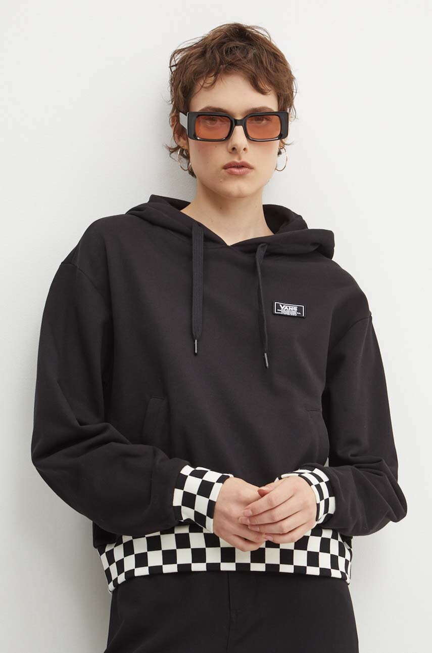 Vans hanorac de bumbac femei, culoarea negru, cu glugă, cu imprimeu, VN000GJ2BLK1