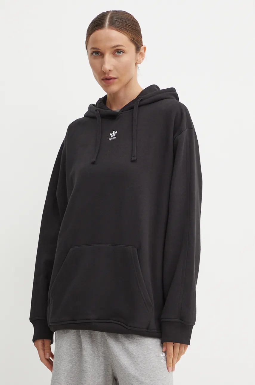 adidas Originals bluză Essential femei, culoarea negru, cu glugă, uni, IY7344 adidas Originals bluză Essential femei, culoarea negru, cu glugă, uni, IY7344