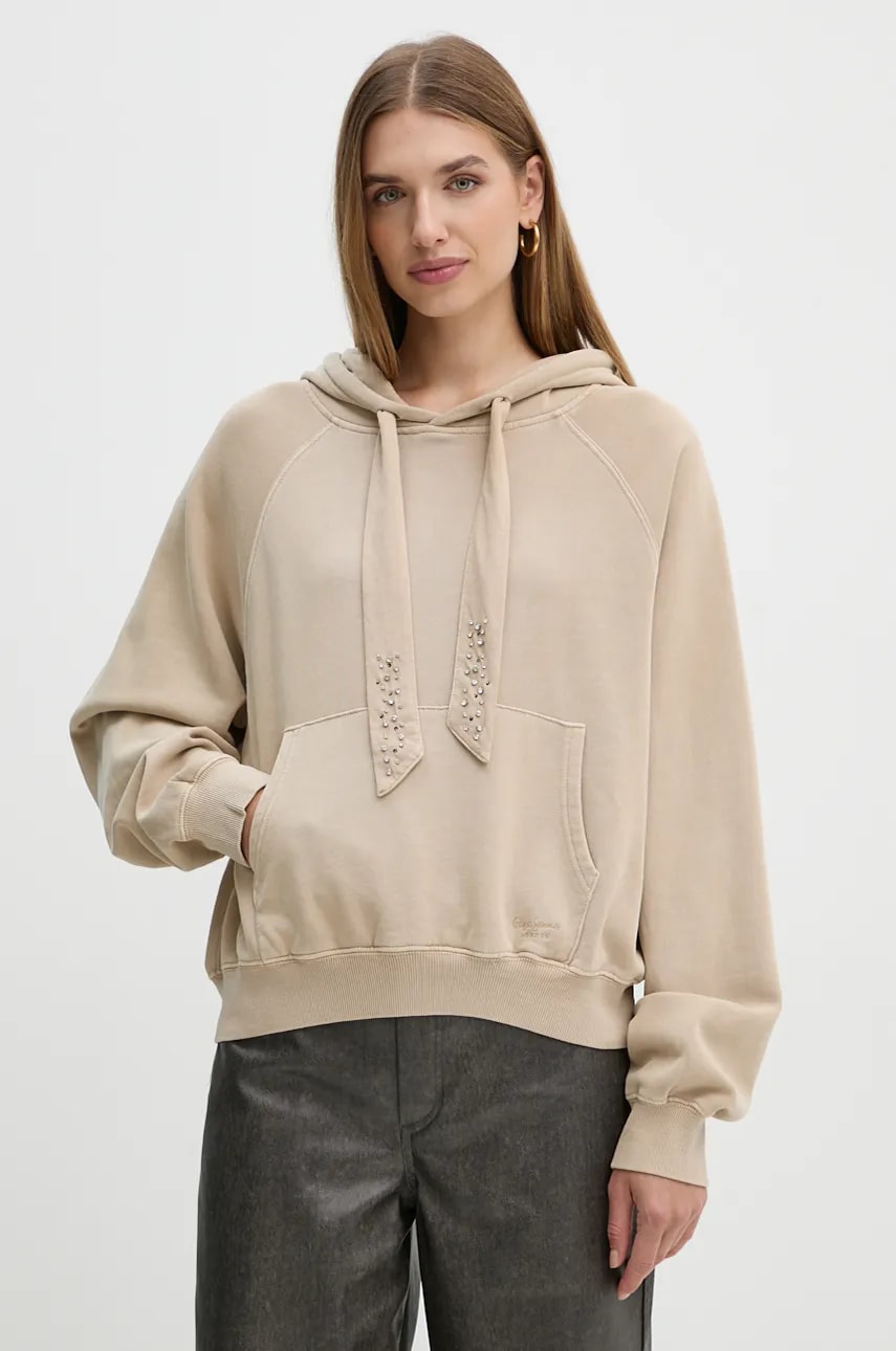 Pepe Jeans bluza FALISTA femei, culoarea bej, cu gluga, neted, PL581451