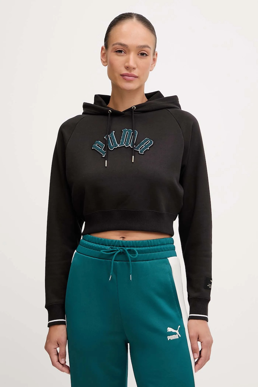 Puma bluza Classics Play Paris Relaxed Hoodie femei, culoarea negru, cu glugă, cu imprimeu, 627484