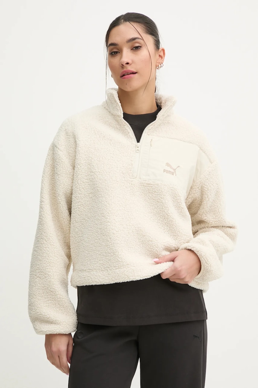 Puma hanorac fleece CLASSICS culoarea bej, uni, 626796 Puma hanorac fleece CLASSICS culoarea bej, uni, 626796