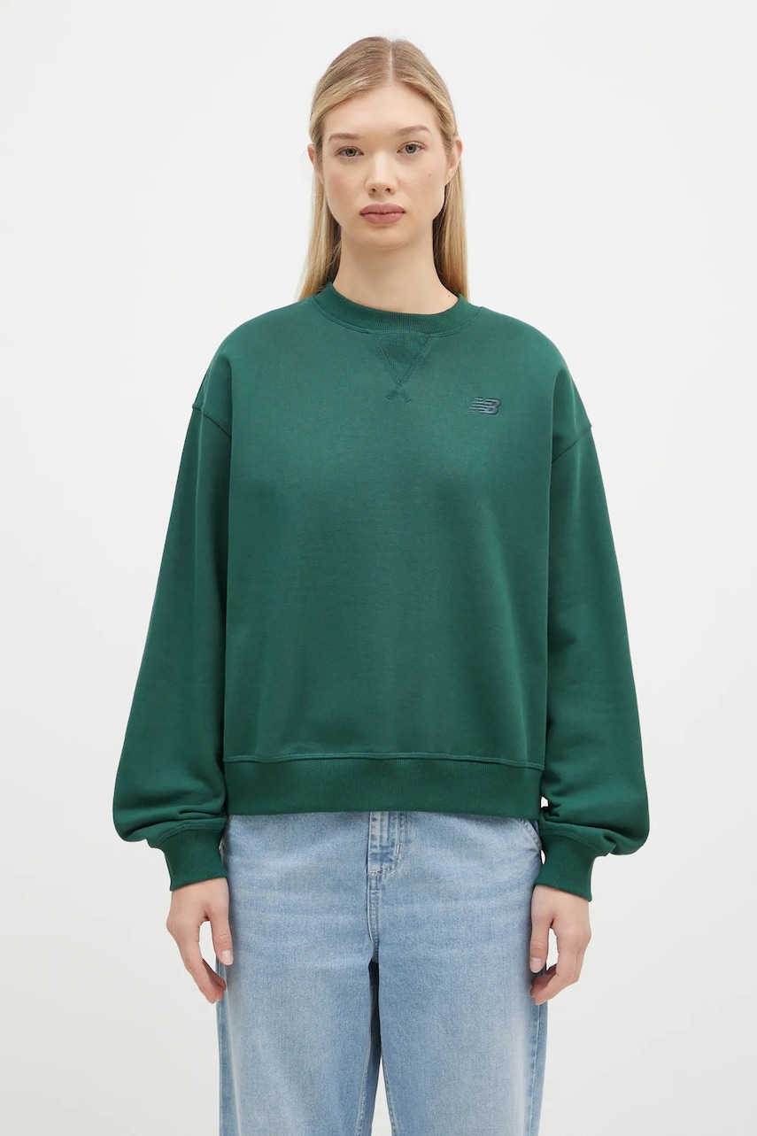 New Balance hanorac de bumbac Athletics French Terry Crew femei, culoarea verde, neted, WT41500NWG New Balance hanorac de bumbac Athletics French Terry Crew femei, culoarea verde, neted, WT41500NWG