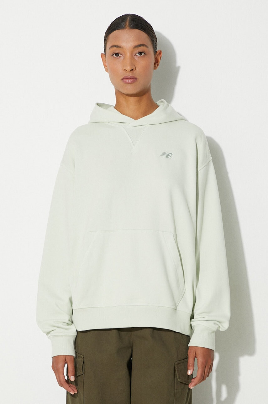 New Balance hanorac de bumbac Athletics French Terry Hoodie femei, culoarea verde, cu glugă, neted, WT41537NUM New Balance hanorac de bumbac Athletics French Terry Hoodie femei, culoarea verde, cu glugă, neted, WT41537NUM