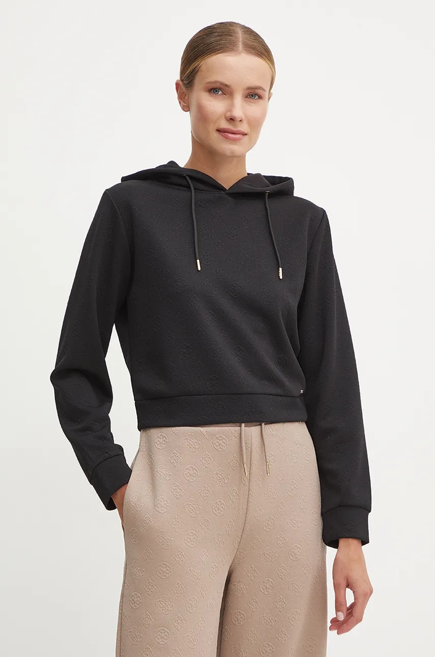 Levně Mikina Guess PEONY dámská, černá barva, s kapucí, vzorovaná, V4BQ02 KCHR2