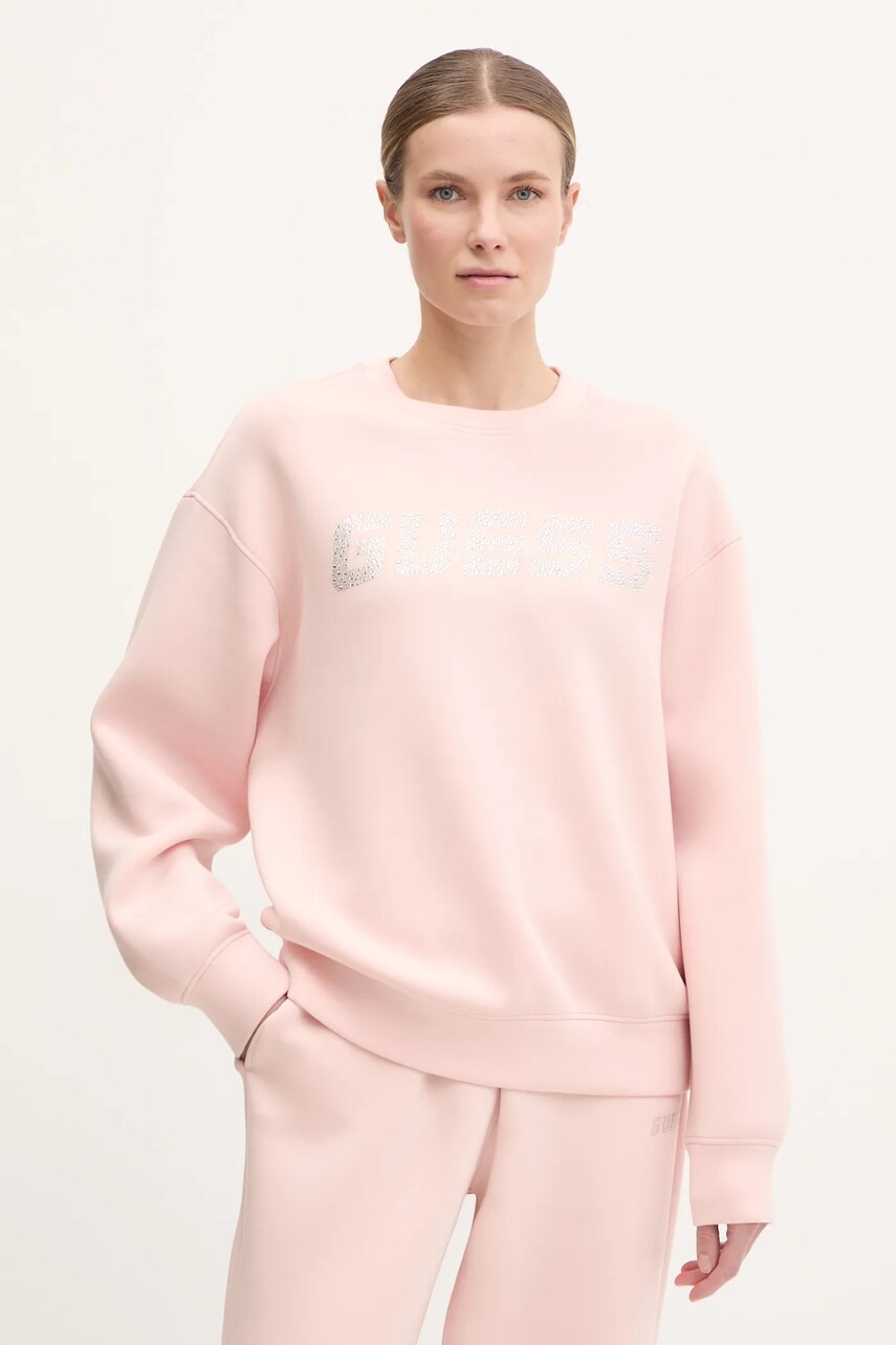 Levně Mikina Guess CECILIA dámská, růžová barva, s aplikací, V4BQ15 K7UW2