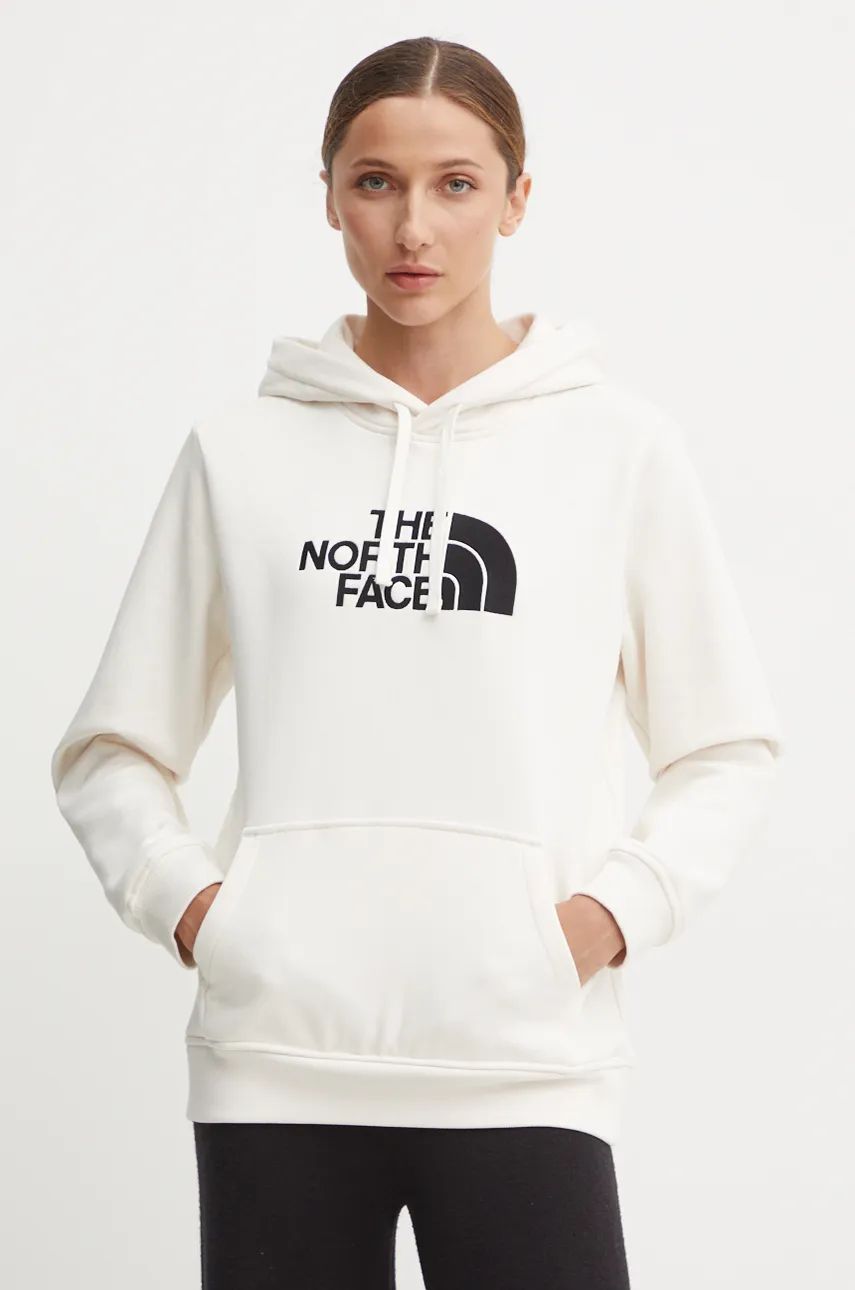 The North Face bluza Drew Peak Pullover Hoodie femei, culoarea bej, cu glugă, cu imprimeu, NF0A89EHQLI1