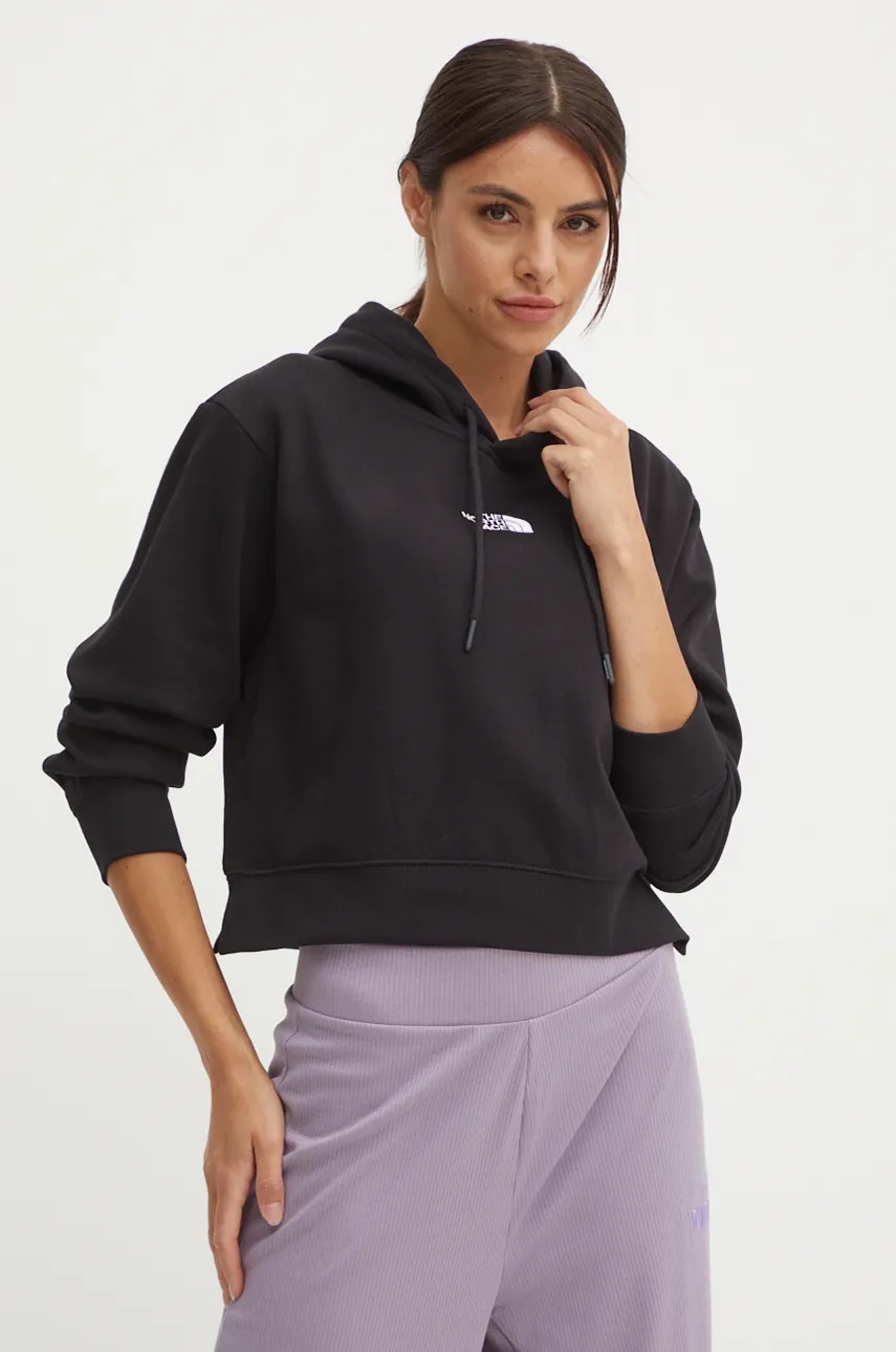 The North Face bluza Essential Crop Hoodie femei, culoarea negru, cu glugă, cu imprimeu, NF0A89EXJK31
