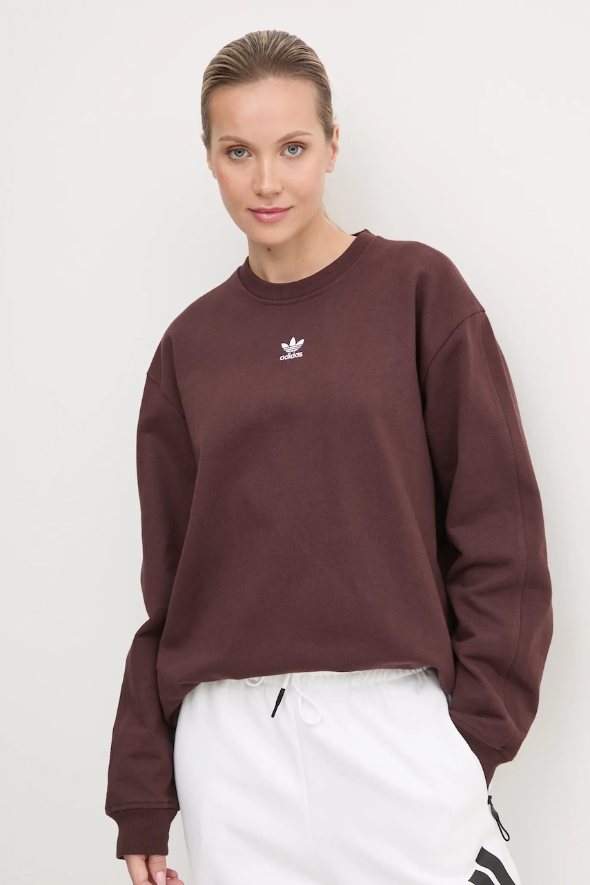 adidas Originals hanorac de bumbac femei, culoarea maro, neted, IY9632 adidas Originals hanorac de bumbac femei, culoarea maro, neted, IY9632